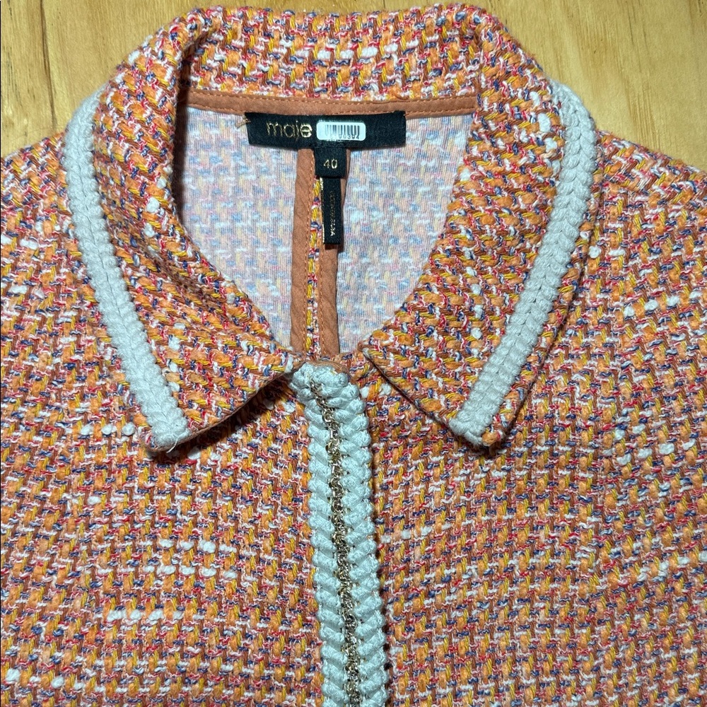 Maje Peach Tweed Mini Dress with White Trim - Picture 5 of 13